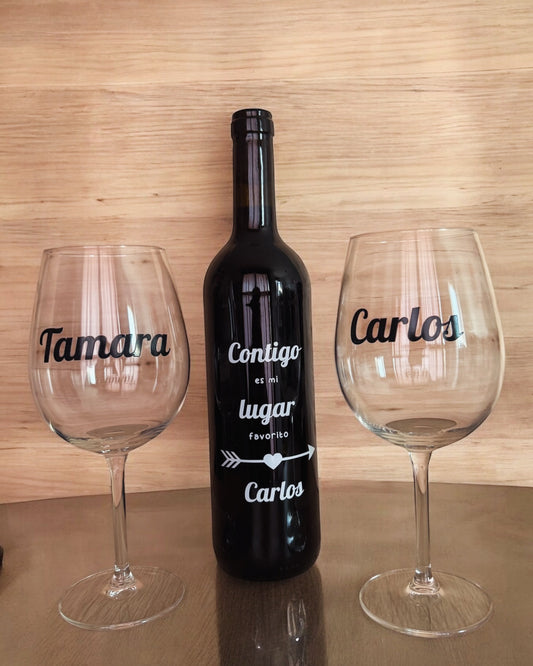 CONJUNTO BOTELLA DE VINO + 2 COPAS